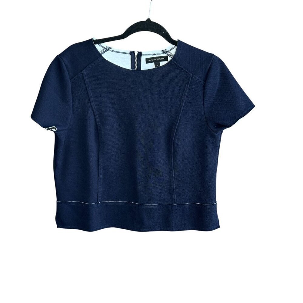 Banana Republic Navy Blue Boxy Cropped Short Cap Sleeve Raw Edge Top